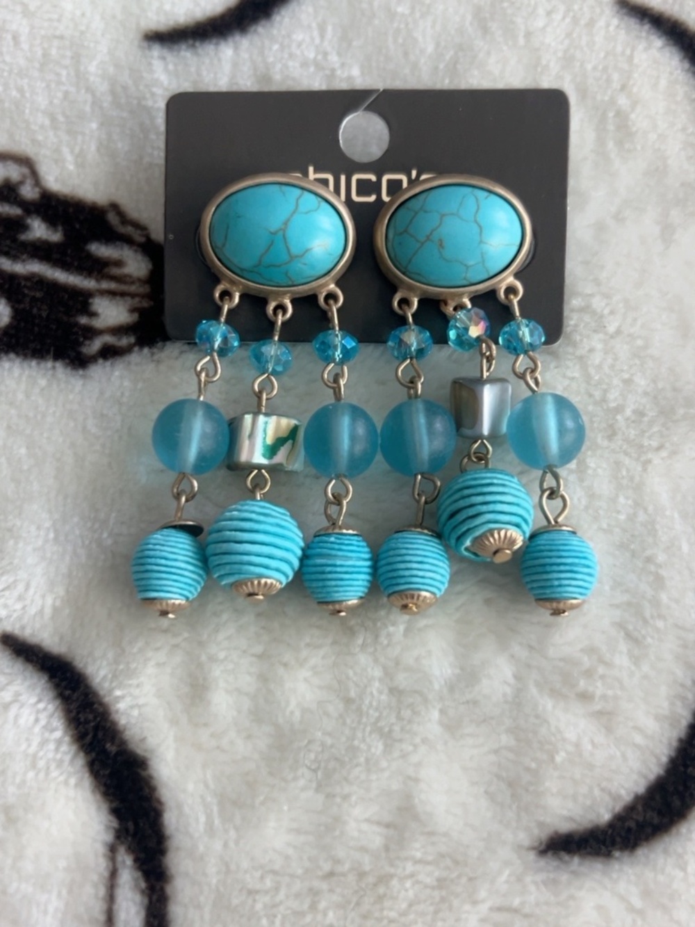 Chico’s Turquoise Beaded Chandelier Statement Earrings New on Card